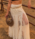 long mid length skirt with lace slits, high waisted, lace detailing, no slip