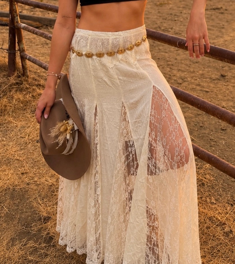 long mid length skirt with lace slits, high waisted, lace detailing, no slip