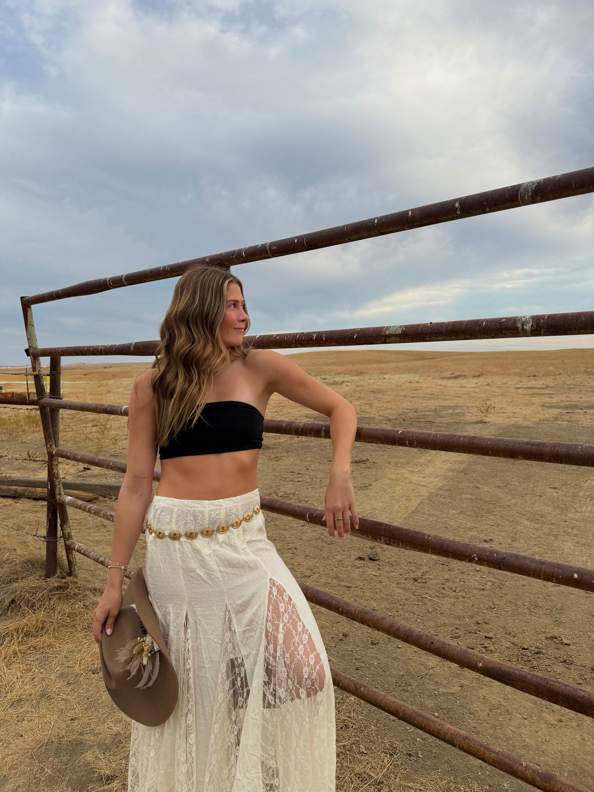 long skirt, lace slits, high waisted, country western inspired